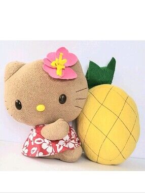 2005 SANRIO HAWAIIAN HELLO KITTY WITH PINEAPPLE, FLOWER, FLORAL PRINT DRESS 10"